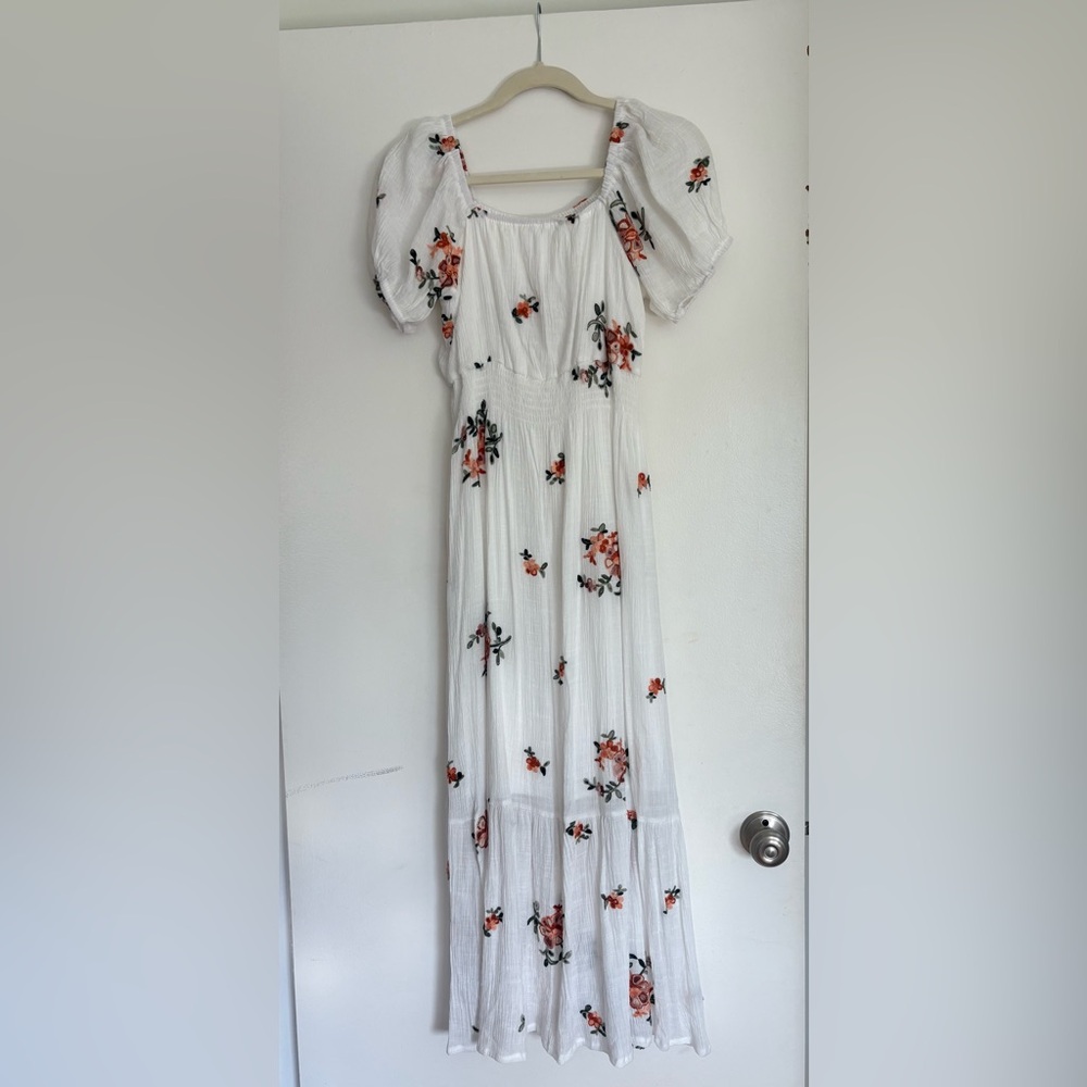 Anthropologie Kindred White Floral Embroidered Maxi Dress with Square neck